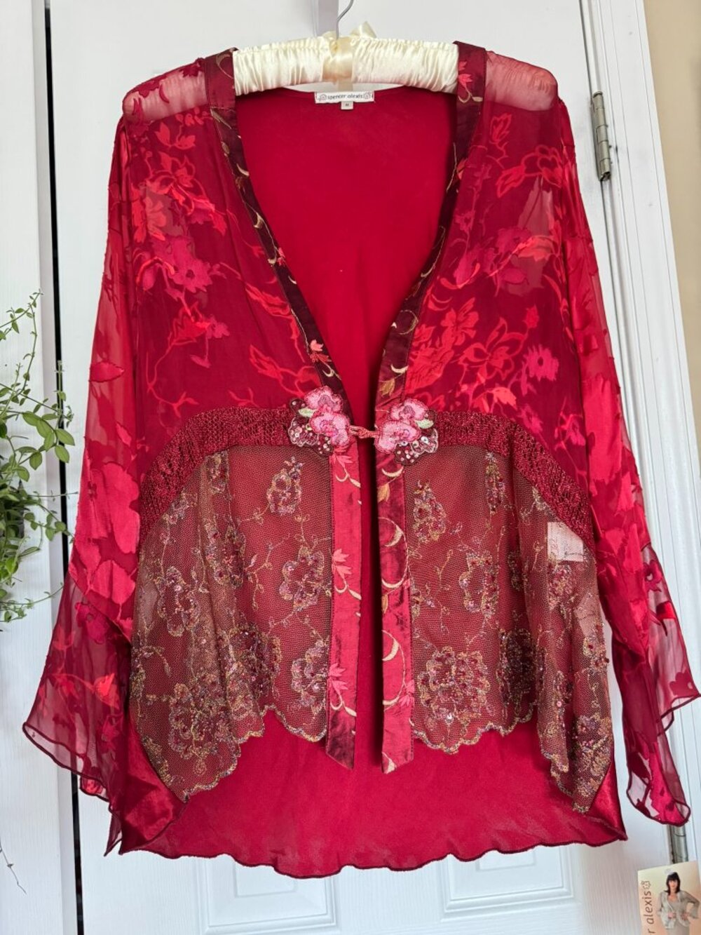 VTG Spencer Alexis Red Floral Lace Embroidered Kimono Top Size M